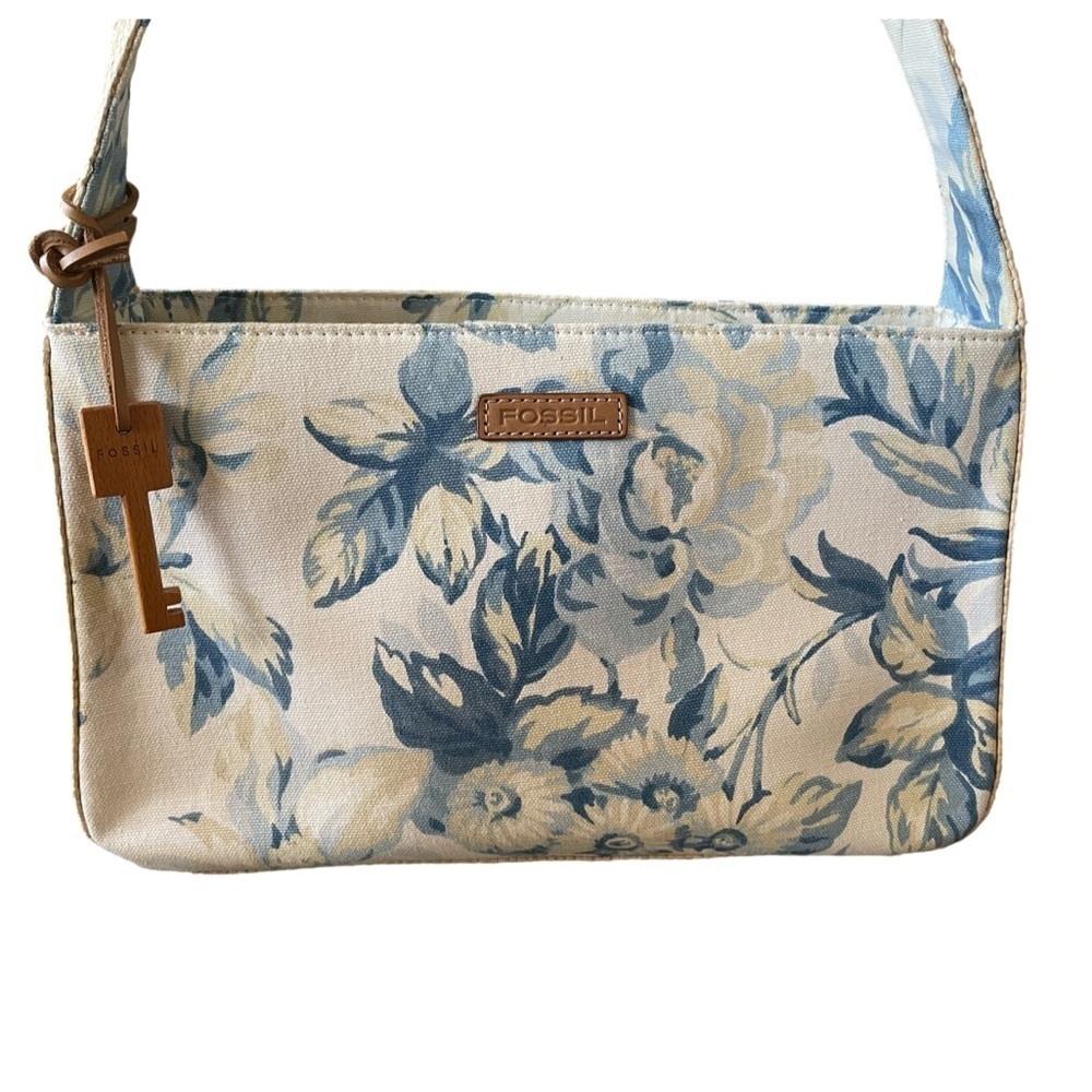 Vintage Fossil Blue and Ivory Floral Canvas Shoulder Bag - Picture 4 of 15